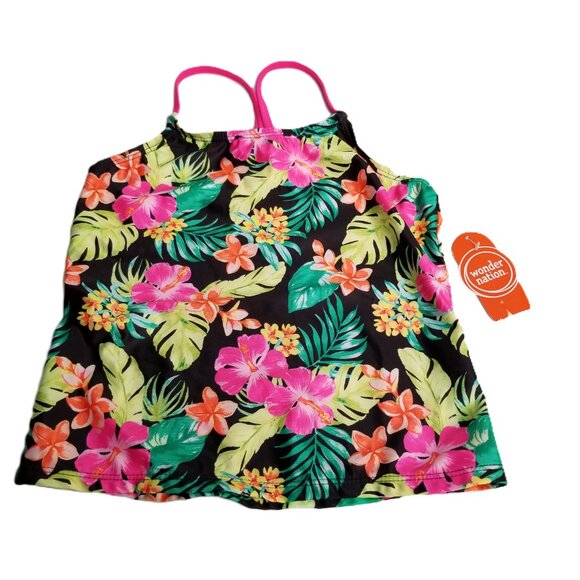 Wonder Nation Tropical Floral Halter Tankini Top Size L Black Hot Pink UPF 50 - Picture 1 of 8